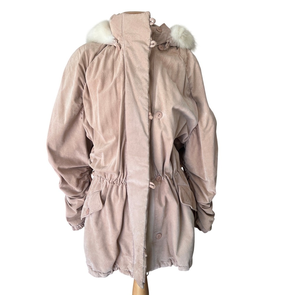 Vintage Begedor Pink Suede Parka Jacket S Ruched Sleeve Fox Fur Hood 80 90 Retro
